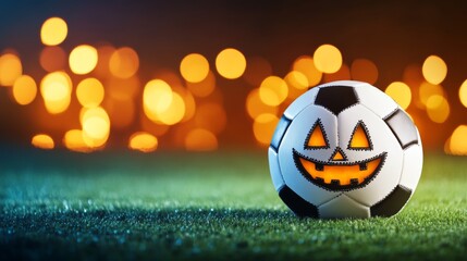 Halloween soccer ball with Jack-o'-lantern face on grass. Spooky sports theme. Festive pumpkin-shaped football design for holiday fun. All Hallows Eve, Samhain
