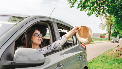 Car trip family. Parents child vehicle. Journey countryside freedom sunlight.