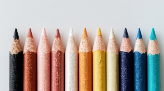 Group of nine pencils arranged in a row on a white background. the pencils are of different colors - black, red, pink, orange, yellow, green, blue, and purple.
