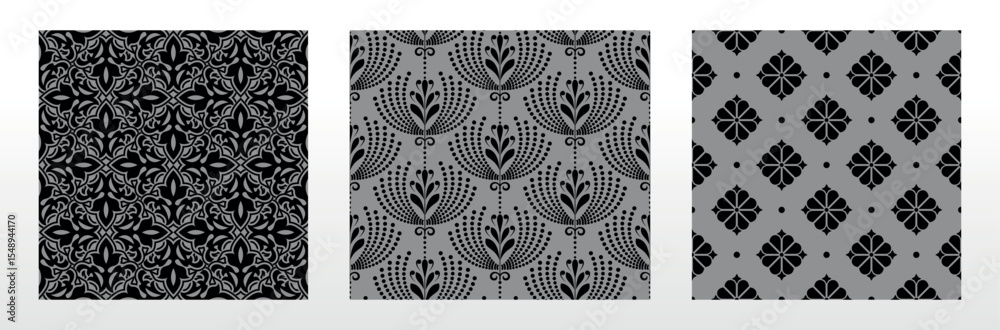 Poster geometric floral set of seamless patterns. gray and black vector backgrounds. damask graphic ornamen
