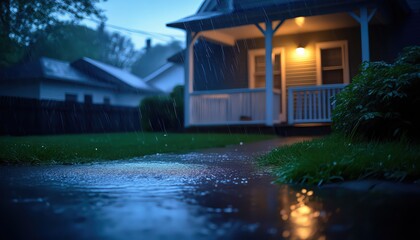 Rainy Day Dreamscape: A cozy house bathed in the soft glow of a porch light, a gentle rain creating reflections in the puddles, evoking a sense of warmth and serenity.