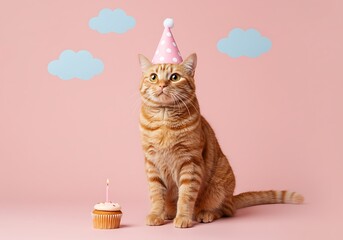Adorable Ginger Cat Wearing Party Hat with Cupcake for Birthday Celebration.