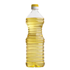 A transparent plastic bottle filled with yellow cooking oil, featuring a white cap and a ribbed design.