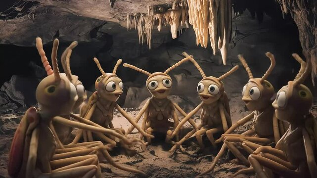 A group of six animated cartoon insects sit in a circle inside a dark cave, singing or talking together