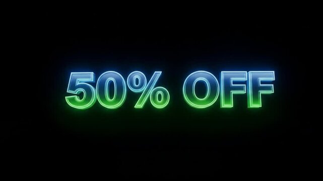 A glowing fifty percent off text with blue and green neon effect on a dark black background promo sale