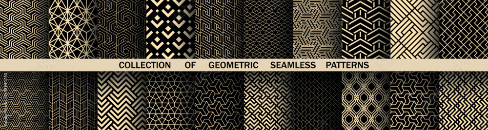 Poster Geometric set of seamless black and golden patterns. Simple vector graphics