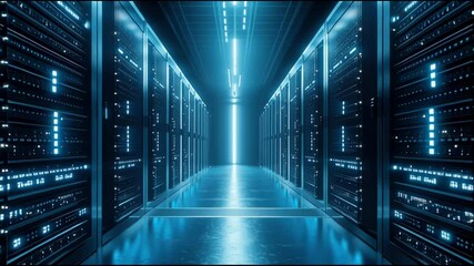 A server room filled with rows of servers emphasizing the critical role of blockchain infrastructure in data management. Blockchain Server Room – Animated Video Version - Powered by Adobe