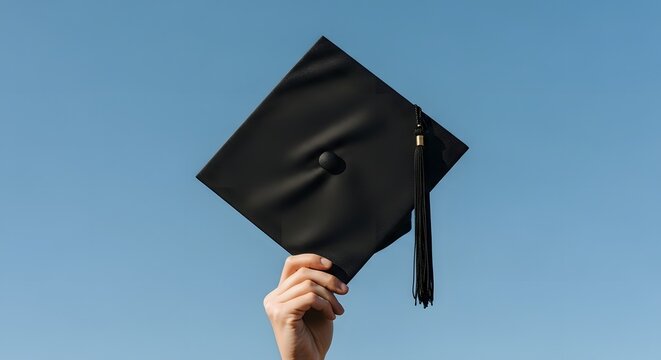 Hand Holding Mortarboard Hat Against Sunny Sky