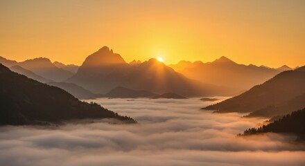 Obraz premium Majestic Sunrise Over Misty Mountain Ranges Golden Hour Landscape Photography