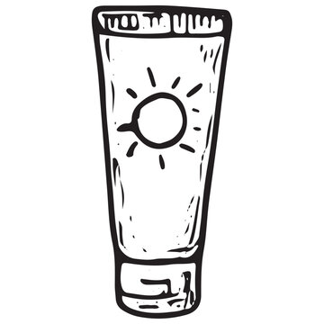 Black-and-white sketch of a sunscreen tube with a sun symbol, perfect for beach safety designs, summer skincare art, and tropical vacation illustrations
