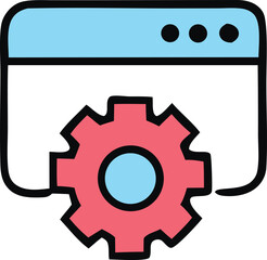 Cartoon Style Website Settings Icon with Gear Blue Header and Black Outlines Representing Configuration and Customization Options for Web Applications and Software The