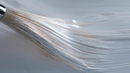 Close-up of a paintbrush with a silver handle. the brush is in motion, with the bristles of the brush moving in a wave-like pattern. the bristles are white and appear to be made of a shiny material.