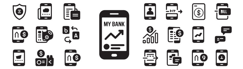 Collection of black and white banking and finance icons on mobile devices for user interface design