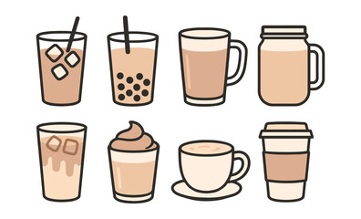 Obraz premium Illustrated variety of coffee and beverage cups with ice and foam toppings