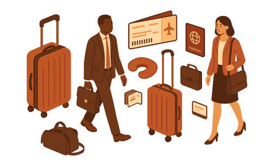 Business travelers: african male and asian female with luggage and travel essentials