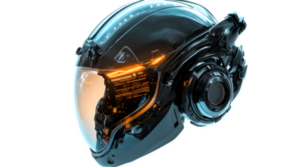 Mythological concept: A Valkyrie helmet fused with futuristic HUD elements and sleek aerospace design, nordic sci-fi fusion, isolated on Transparent background