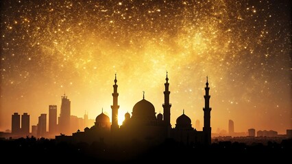 Silhouette of a Mosque at Sunrise with Golden Stars