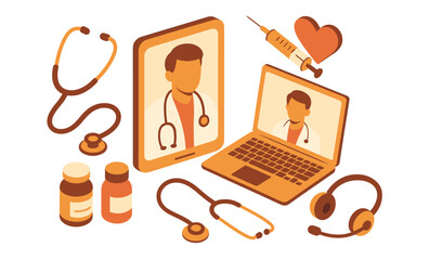 Isometric telemedicine concept with medical equipment and online doctor consultation on laptop