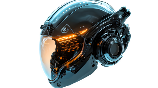Mythological concept: A Valkyrie helmet fused with futuristic HUD elements and sleek aerospace design, nordic sci-fi fusion, isolated on Transparent background - Powered by Adobe