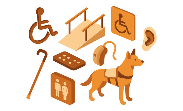 Accessibility symbols: wheelchair, braille, guide dog, hearing aid, cane