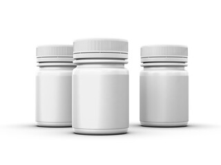 Three blank white bottles with screw-on lids, commonly used for packaging supplements or medications.