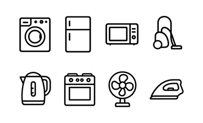 Home appliance icons set: washing machine, refrigerator, microwave, vacuum, kettle, oven, fan, iron