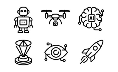 Futuristic technology icons featuring robot, drone, ai, and rocket symbols
