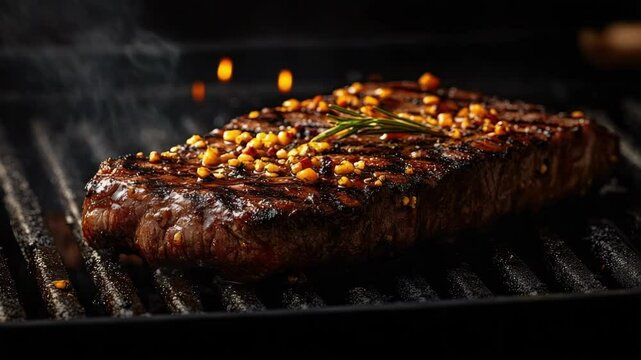 Grilled juicy steak with rosemary and garlic on barbecue grill