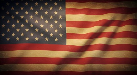Time-worn Glory: A Vintage American Flag billows proudly, its faded colors whispering tales of history and enduring patriotism.