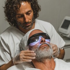 Professional skincare therapist using a medical-grade LED mask on a male client, gently placing dark protective goggles before treatment begins, clean and bright clinic environment