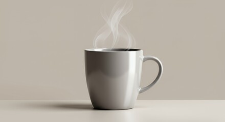 A steaming grey mug on a minimalist beige surface