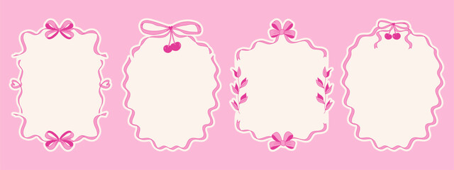 Coquette bow frames. Hand drawn whimsical borders on pink background. © MandarinkaArt