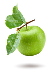 green apples with green leaves isolated on white background. clipping path