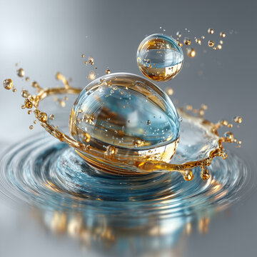 Vibrant gold and blue liquid spheres splash with dynamic ripples, symbolizing advanced anti-aging skincare technology, hydrating serums, and luxury beauty innovation. Perfect for cosmetic brand 