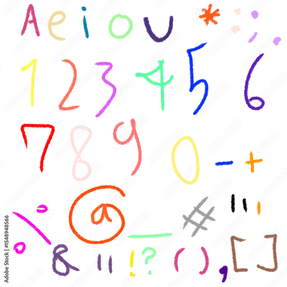 Fototapete kids fonts a e i o u handwriting font colorful with some character and numbers on transparent png ba