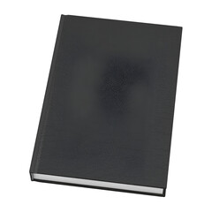 A closed black hardcover book with a textured cover, suggesting a journal or notebook.