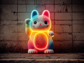 Multicolor Maneki Neko with Glowing Neon Accents on Brick Backdrop - Retro Urban Decoration