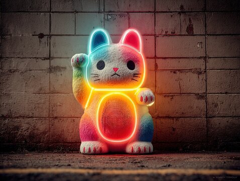 Multicolor Maneki Neko with Glowing Neon Accents on Brick Backdrop - Retro Urban Decoration