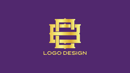 Modern EB monogram logo with geometric interlocking gold letters on purple background, ideal for tech, corporate, or architecture branding