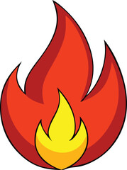 Cartoon Fire Illustration with Red and Yellow Flames Black Outline Isolated on White Background Representing Heat Energy Passion and Could be Used in Graphic Design