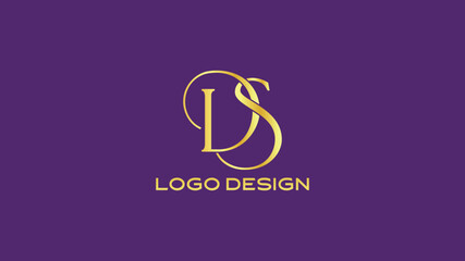 Elegant DS monogram logo with gold flowing letters on purple background, perfect for boutique, luxury fashion, or wedding branding