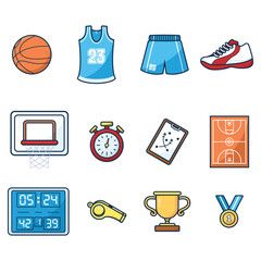 Basketball Icon Set – Flat Vector of Sports Equipment, Jersey, Court, Trophy, and Tools