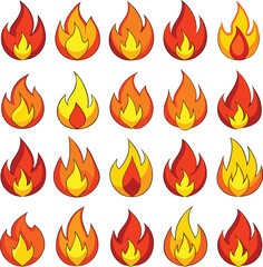 Collection of Cartoon Fire Icons with Varying Shapes and Colors Isolated on White Background Depicting Flames in Shades of Red Orange and Yellow with Black