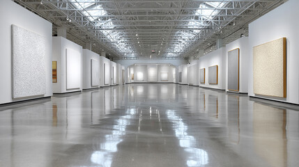 Naklejka premium Bright modern empty gallery space with large windows polished concrete floor and three white minimalist panels on wall creating clean and spacious atmosphere