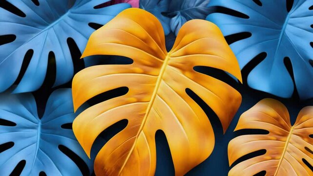 Vibrant blue and pink tropical monstera leaves pattern