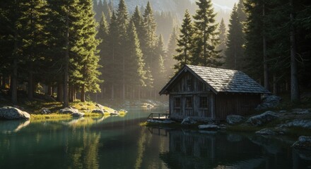 Obraz premium Secluded Wooden Cabin by Tranquil Lake in Misty Pine Forest