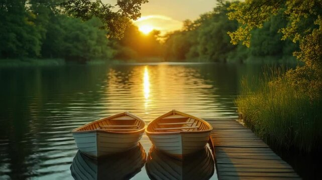 Peaceful sunset over lake with two rowboats and wooden dock
