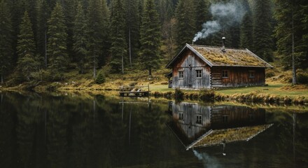 Fototapeta premium Secluded Wooden Cabin by Tranquil Lake in Forest Misty Atmosphere Reflection