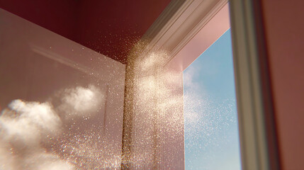 Sunlight shining through open door with sparkling dust particles floating in warm glowing atmosphere creating magical and peaceful moment