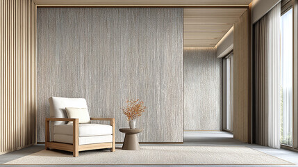 Fototapeta premium Modern cozy living room with wooden accents soft natural light and comfortable armchair creating warm and inviting minimalist interior space